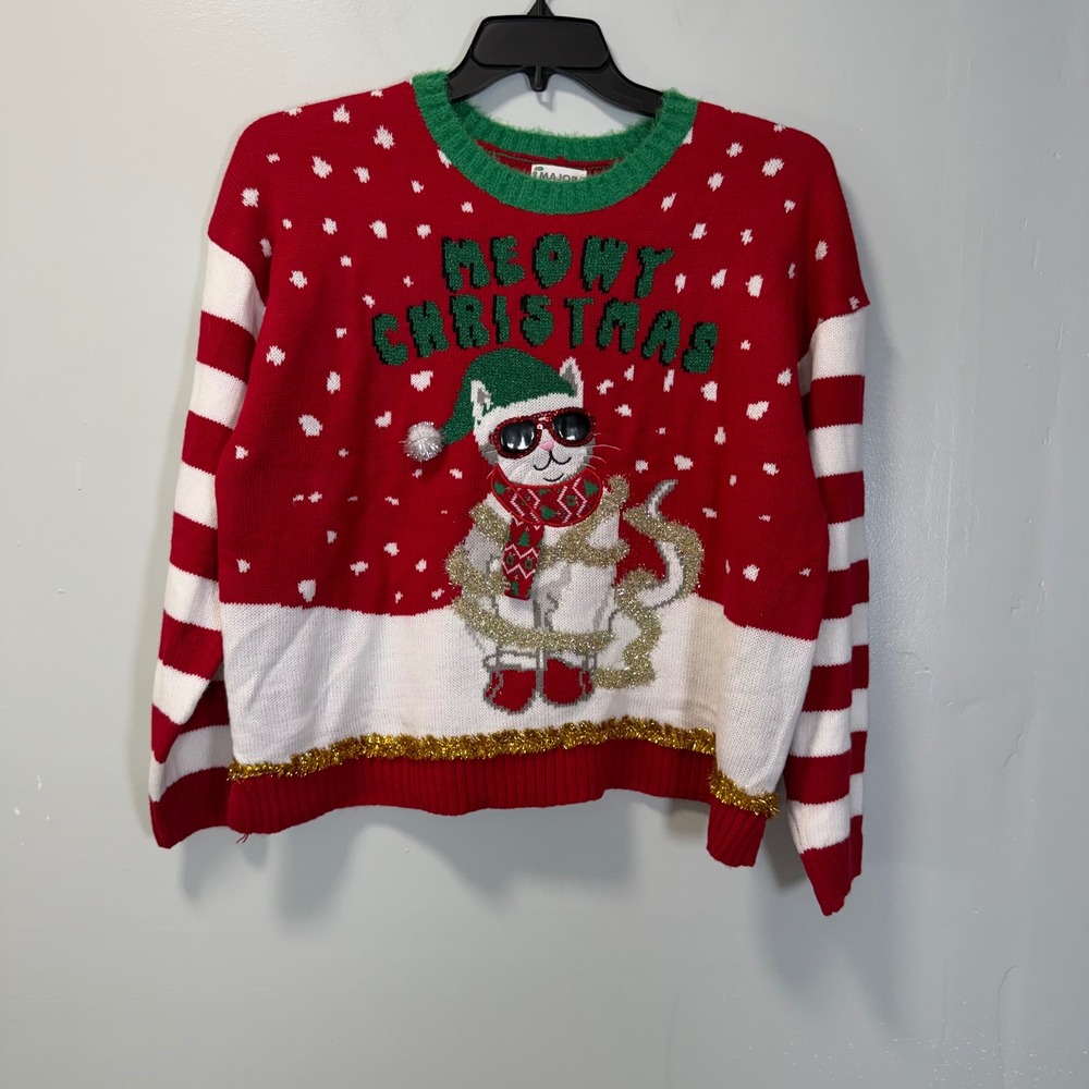 Major Label Group Meow Christmas Cat Ugly Sweater Red White Striped Large L